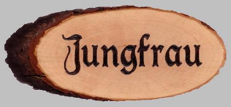 Holzbrett- Trschild, Text Jungfrau
