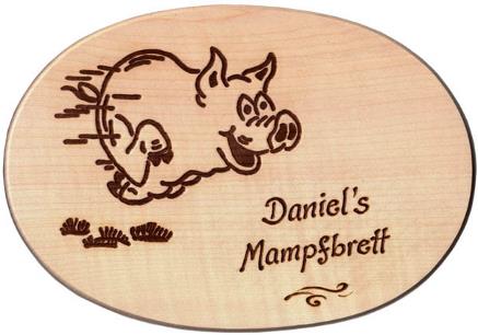 Brotzeitbrett Schwein, Gravur: Daniels Mampfbrett