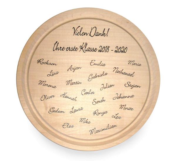 rundes Frhstcksbrett mit eingebranntem Text - Abschiedsgeschenk