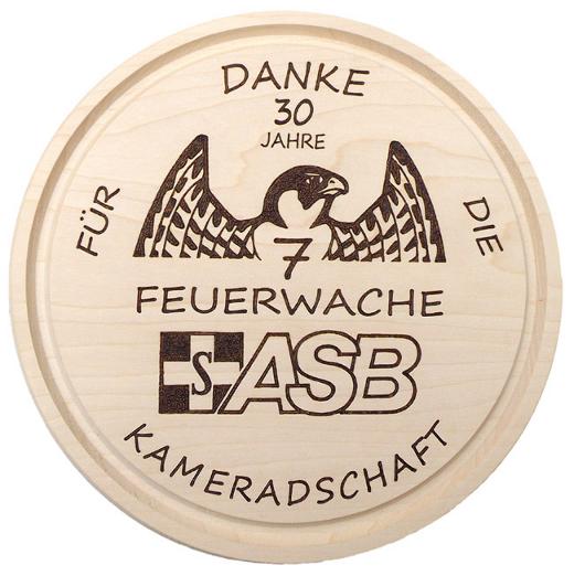Holzteller rund  mit eingebranntem Text und Motiv als Abschiedsgeschenk