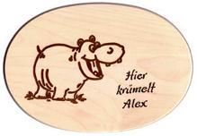 Brotzeitbrett Nilpferd, Gravur: Hier krmelt Alex